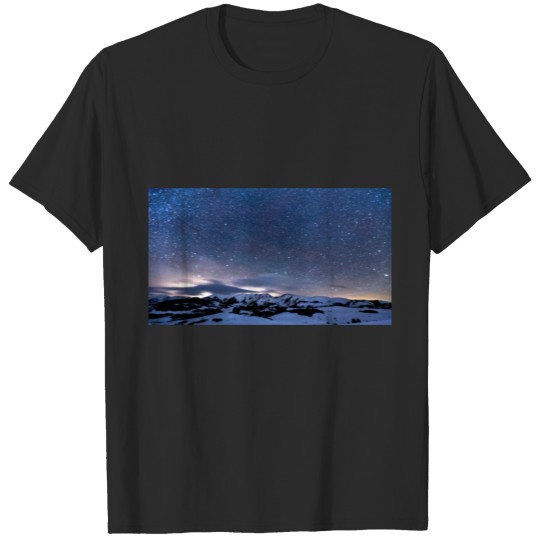 dark sky with stars and snow white mountains T-shirt