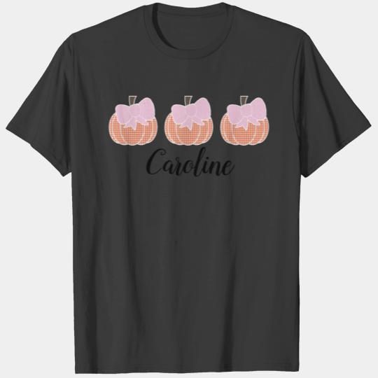 Girls Orange Gingham Pumpkin Trio With Pink Bows T T-shirt