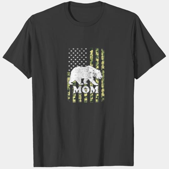 Mom Bear Camping Hiking Camouflage USA American Fl T-shirt