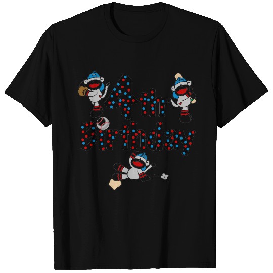 Sock Monkey Baseball 4th Birthday T-shirt