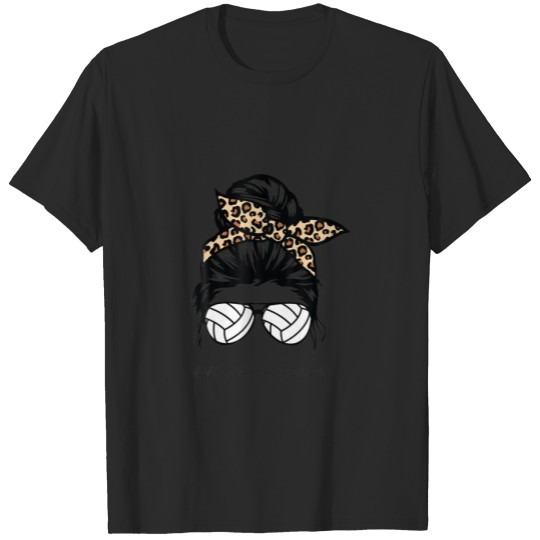 Discover Volleyball Mom Leopard Ball Messy Hair Bun Mother' T-shirt