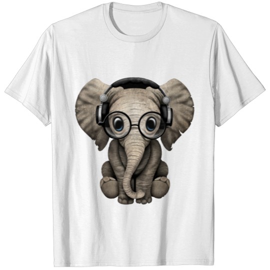 Discover Cute Baby Elephant Dj Wearing Headphones and Glass T-shirt