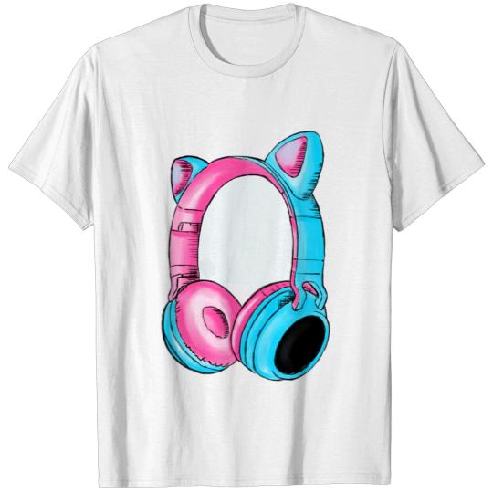 Discover fone de ouvido com orelhas rosa e azul T-shirt