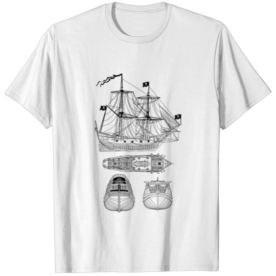 Discover Pirate Ship Schematic Blueprint Crossbones Pirate T-shirt