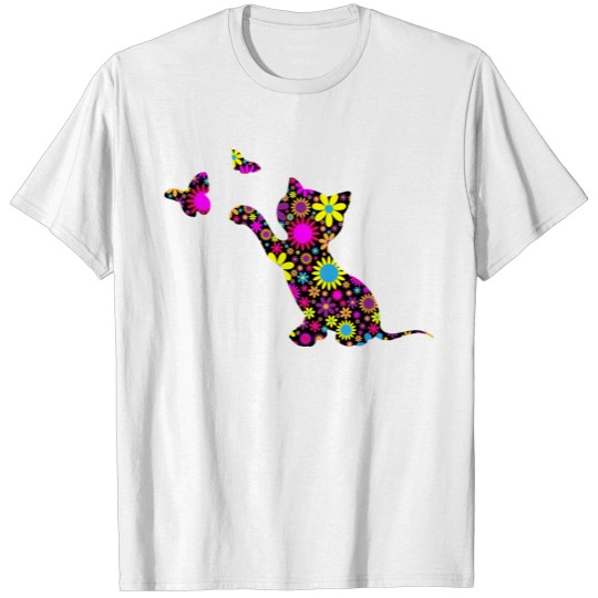Discover Floral Kitten Playing With Butterflies Silhouette T-shirt