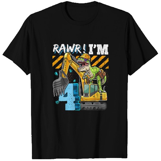 T Rex Dinosaur Construction Hat Excavator 4th Birthday Boys T-Shirt
