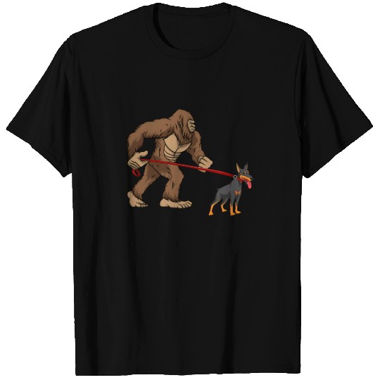Bigfoot Walking Doberman Sasquatch Dog Walker T-shirt