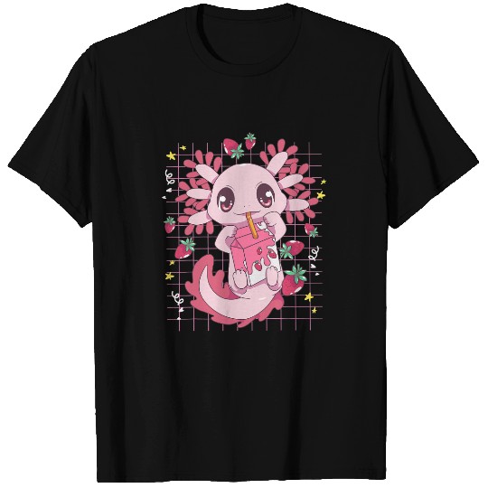 Axolotls Animals Kawaii Axolotls Drinking Strawberry Milk Carton Axolotls LoverAxo T-Shirts