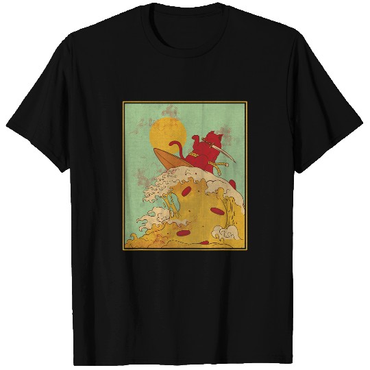 Cat Paws Surf Life Samurai Cat Surfing on Pizza Wave Anime Japanese Red Sunset T-Shirts