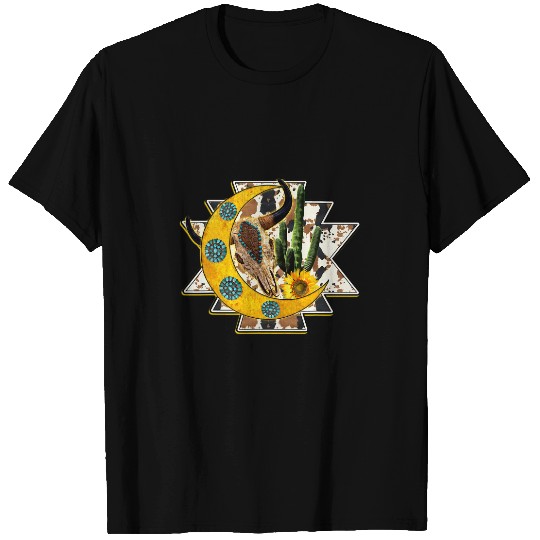 Western Boho Bull Skull Cactus Cowhide Aztec Turqoise Moon T-Shirts