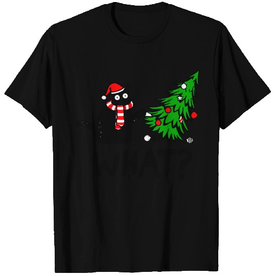 Funny Black Cat Gift Pushing Christmas Tree T-Shirt