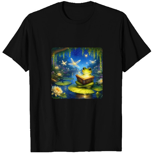 Frog Reading Fairy Tale Book With Fireflies Magical Pond T-Shirts