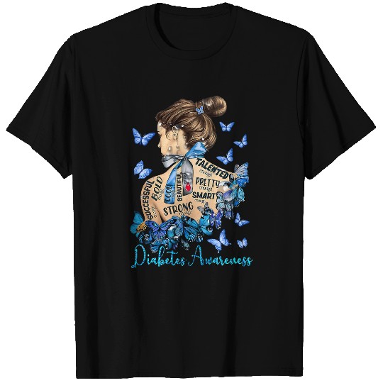 Diabetic Disease Messy Bun Hair Women Blue Butterfly 60 T-Shirts