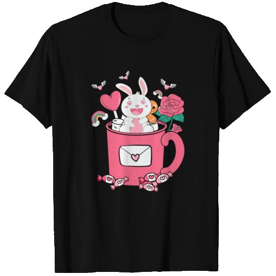 CF Coffee Happy Pink Valentines Day Bunny in the Coffee Cup Graphic T-Shirts