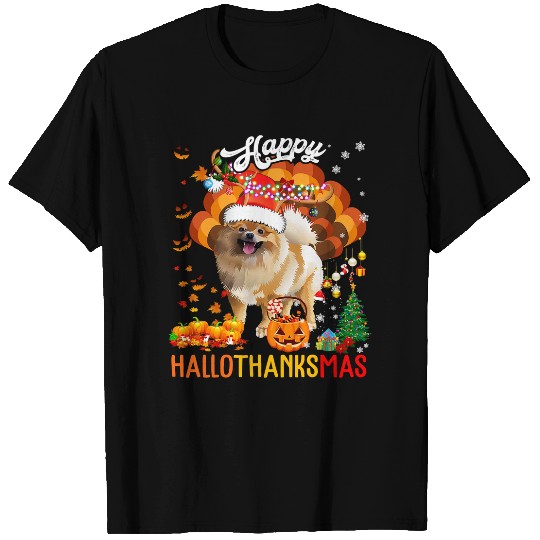 Dog Pomeranian Hallothanksmas Santa Turkey Pumpkin Pomeranian Dog T-Shirts