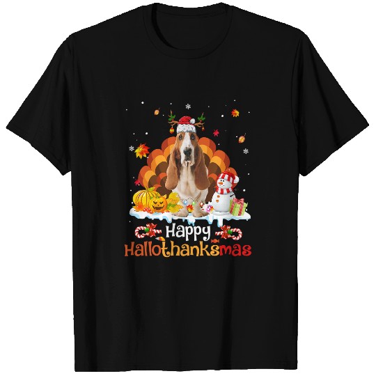 Dog Basset Hound HalloThanksMas Halloween Thanksgiving Christmas Basset Hound 520 T-Shirts