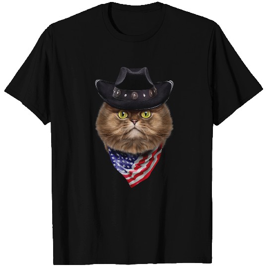 Fluffy Persian Cat in Cowboy Hat and Flag of USA Bandana T-Shirts