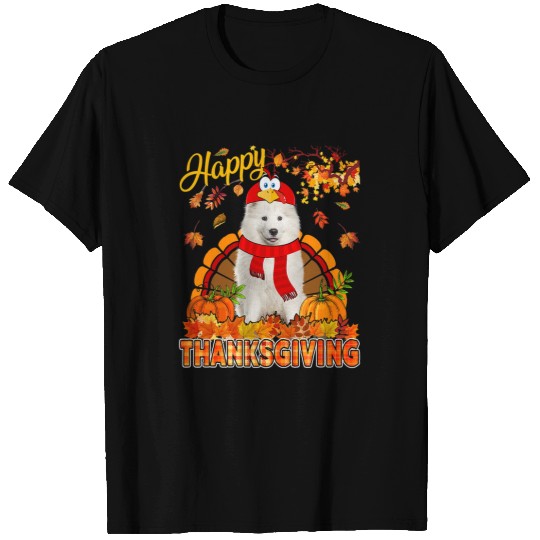 Dog Samoyed Thanksgiving Samoyed Wearing Turkey Costume Fall Leaves T-Shirts