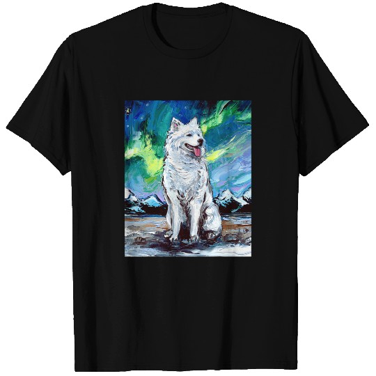 Dog Samoyed Northern Lights Winter Aurora Dog Art by Aja T-Shirts