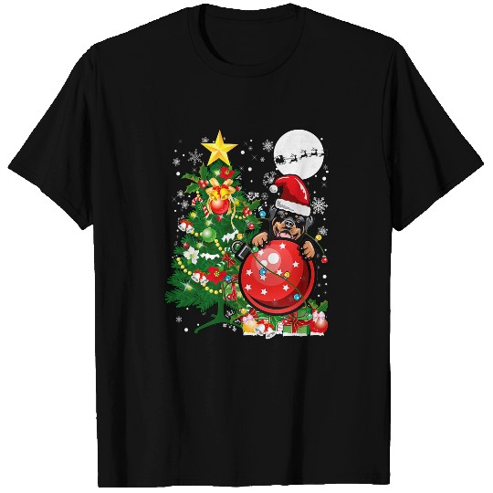 Dog Rottweiler Funny Santa Reindeer Rottweiler Tree Lights Dog Owner T-Shirts