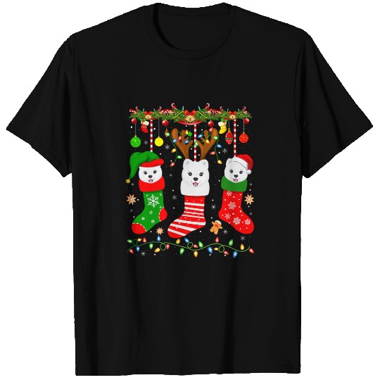 Dog Samoyed In Christmas Socks Lights Xmas T-Shirts