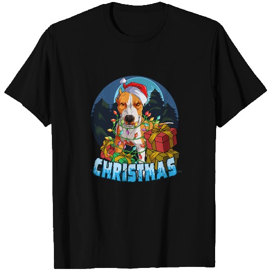 Bully in santa hat and surrounded by christmas tree lights 288 Pitbull Dog T-Shirts