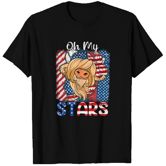 Cow Lover Womens Oh My Stars Cow Usa Flag With 4th Of July Patriotic T-Shirts