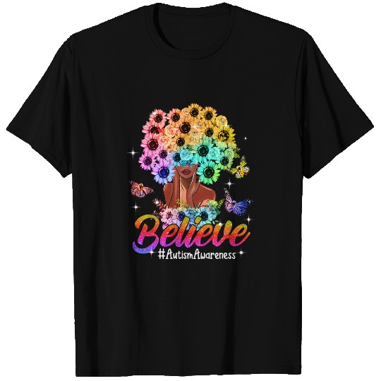 Autism Believe Black Women Sunflower Hair Neurodiverse T-Shirts