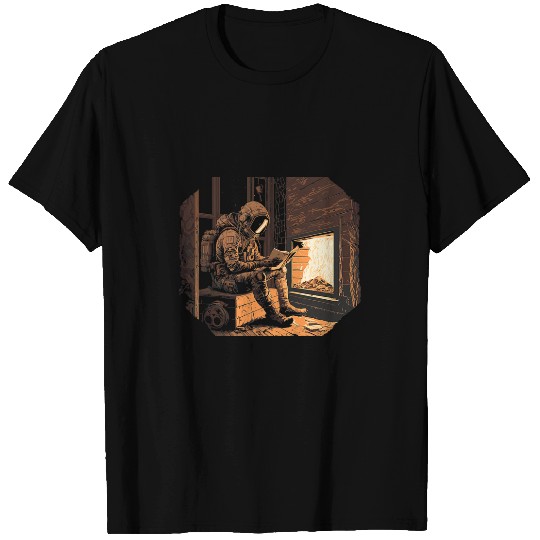 Book Reading Astronaut Reading By Fireplace In A Cabin Weird SciFi Funny T-Shirts