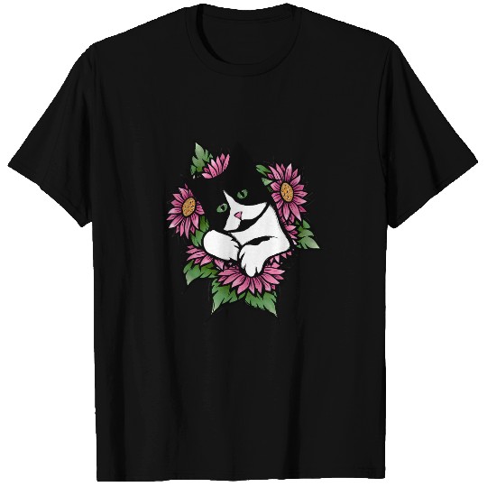 Cute tuxedo cat floral art I love my tuxedo cats T-Shirts