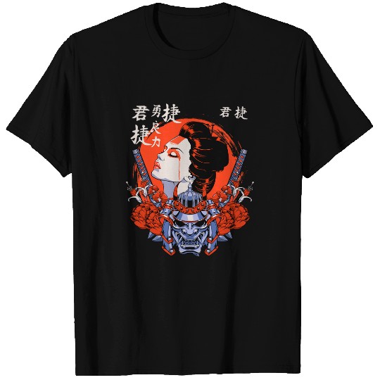 Aesthetic Kawaii Geisha with fearless Oni Samurai Warrior T-Shirts