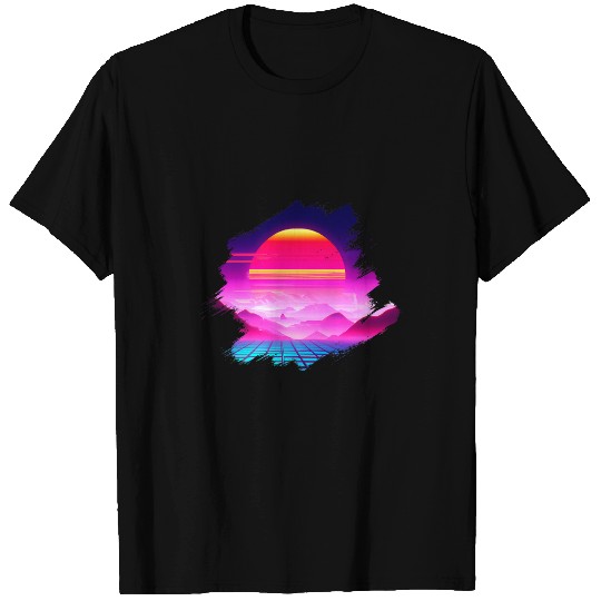 Grid Mountains Sunset Over Canyon Synthwave Landscape T-Shirts