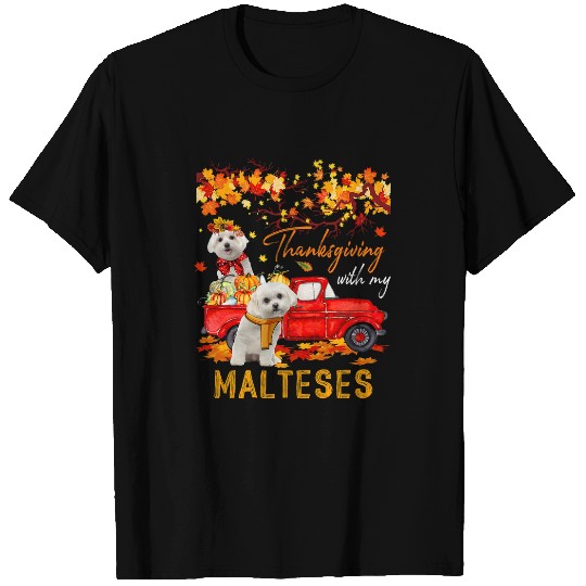 Dog Maltese Thanksgiving With My Malteses On Pickup Truck Fall Tree T-Shirts