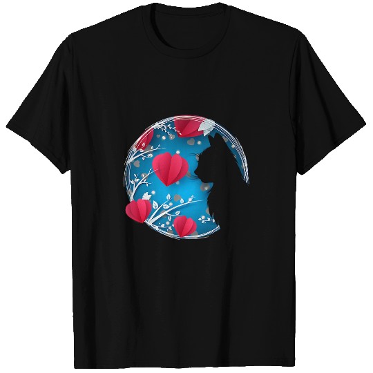 Cat Silhouette with floating Hearts for Kittie Lovers T-Shirts