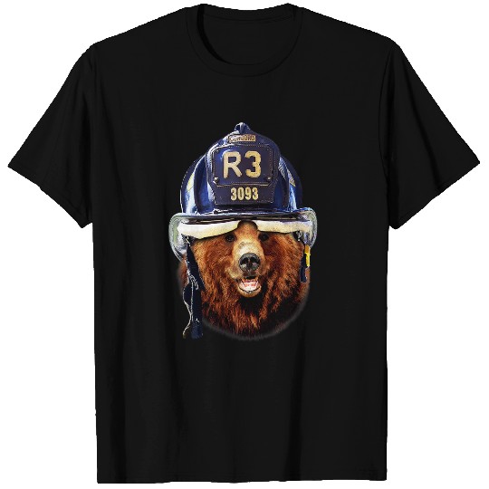 Fireman Firefighter Grizzly Bear in Firefighter Helmet Firemen T-Shirts