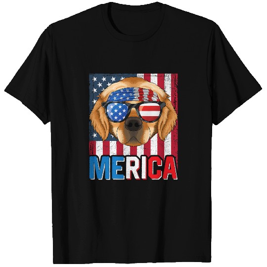 Goldie Merica Flag 4th of July Dog American Puppy 97 Golden Retriever Dog T-Shirts