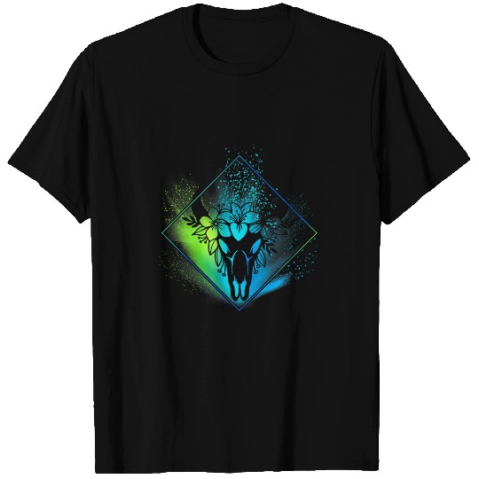 Boho Cow Skull Flowers Diamond Green and Blue Splatter T-Shirts