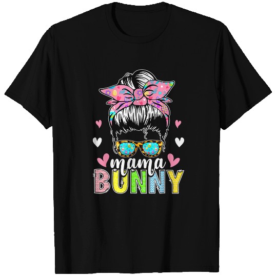 Funny Mama Bunny Plaid Leopard Messy Bun Happy Easter Day T-Shirts
