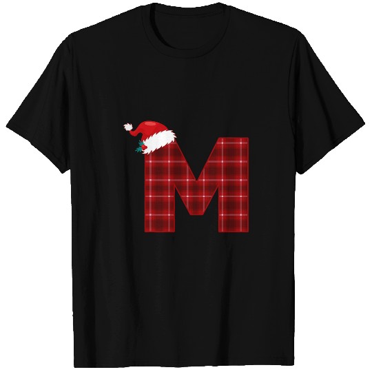 Christmas Plaid Initial Letter M Monogram Santa Hat Graphic T-Shirts