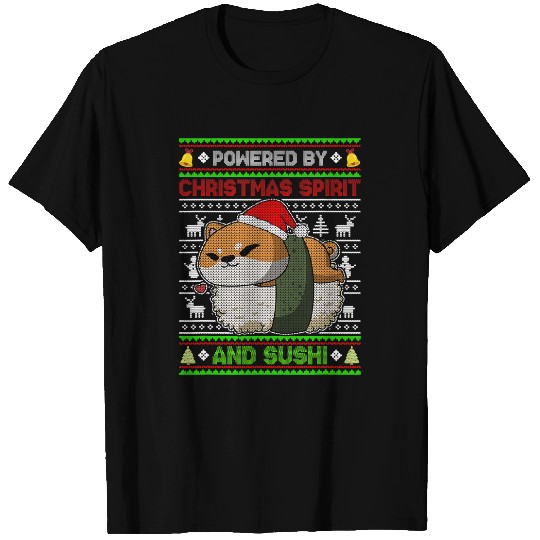Dog Shiba Inu Powered by Christmas Spirit and Sushi T-Shirts