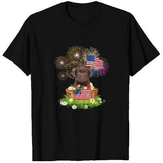 Labrador Lab Dog Chocolate Labrador Dog 4th July Basket American Flag Flower T-Shirts