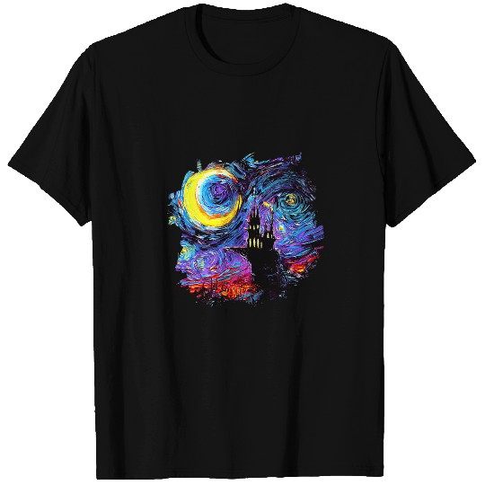 Haunted House with Moon and border Starry Night Art by Aja T-Shirts
