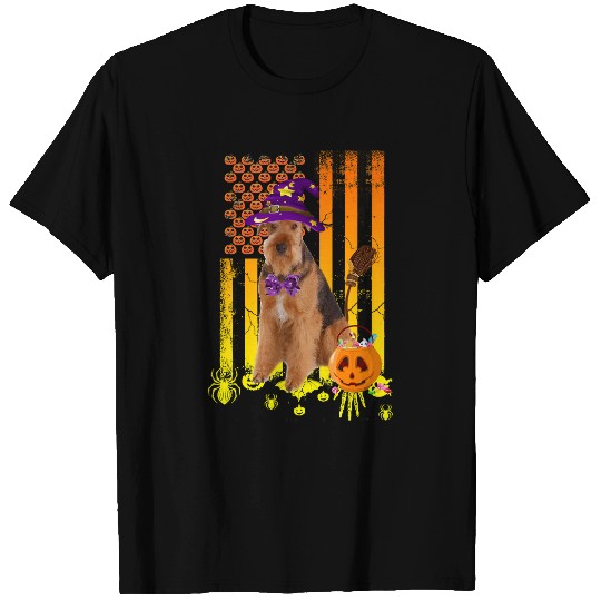 Dog Airedale Terrier Pumpkin American Flag Halloween Dogpng 440 paw T-Shirts