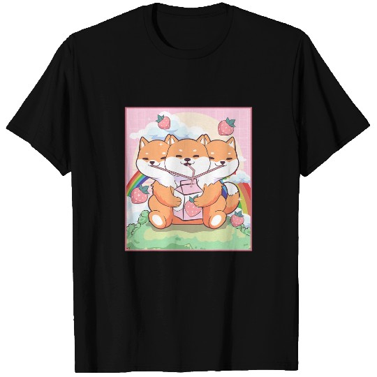 Dog Shiba Inu Kawaii Cerberus 3 Headed Dog Shiba Inu Strawberry Milk T-Shirts