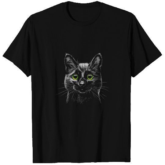 Cat Green Eyes Minimal Animal Line Art Realistic Modern T-Shirts