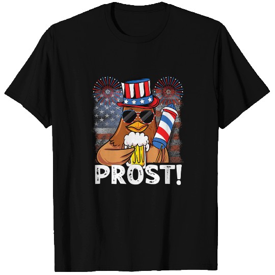 Chicken Lover Funny 4th of July US Flag Prost Chicken with Beer T-Shirts