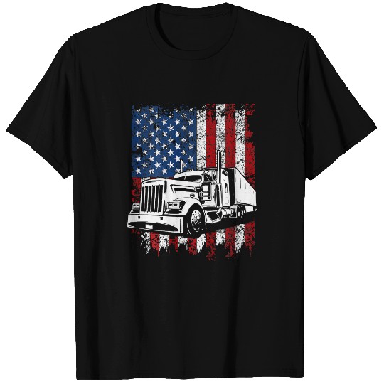 Mens Trucker American Flag Truck Driver Semi Truck ON BACK T-Shirts