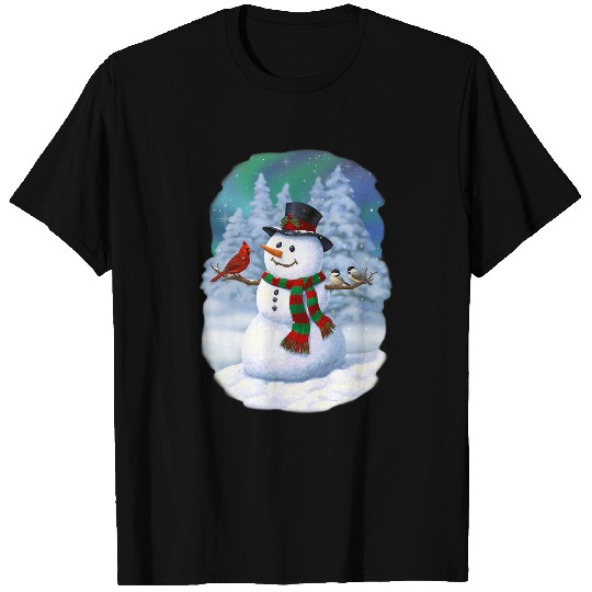 Christmas Snowman Cardinal Bird Chickadees Winter Snow Scene T-Shirts