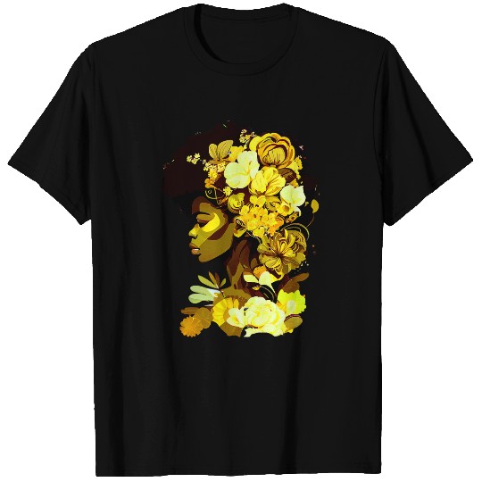 Beautiful Black Woman Afro Queen African Art Yellow Flowers T-Shirts