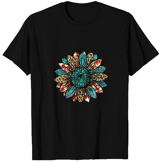 Western Country Texas Cowgirls Turquoise Cowhide Sunflower T-Shirts